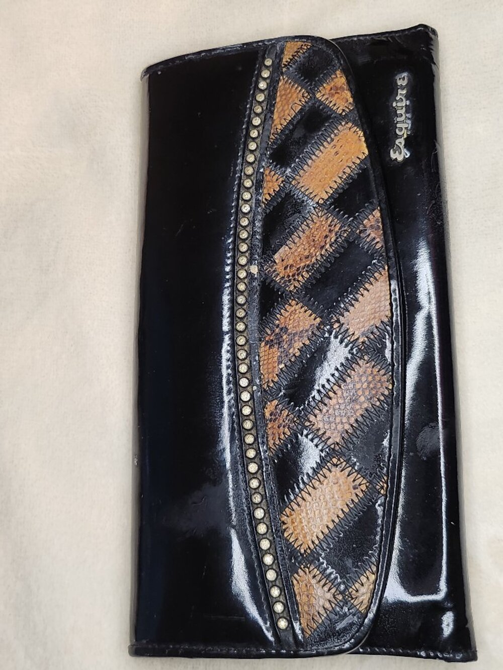 Vintage Esquire Black Patent Leather Clutch Wallet Snakeskin Trim